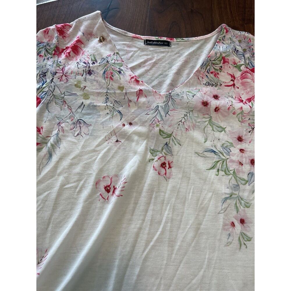 Just Fashion Now Sm Blouse White Pink Floral Print V Neck Womens Casual Romantic